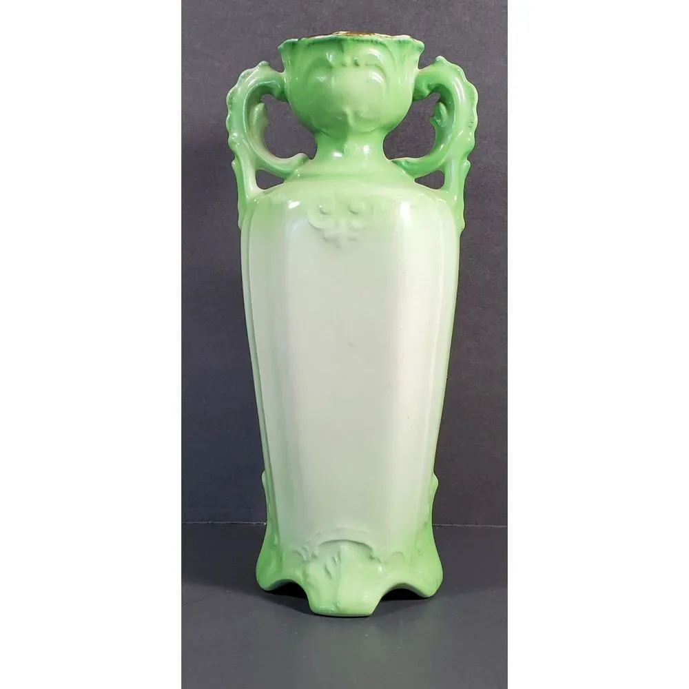 Vintage Green Floral Double Handle Made in Czechoslovakia Porcelain Vase Urn